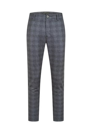 Grijze, gestreepte broek met een rechte pijp, voorzakken en een enkele knoopsluiting bij de taille, weergegeven tegen een effen achtergrond.