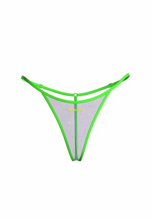 Sheer mesh green thong with double straps and "Maison Close" printed in yellow at the center front waistband.