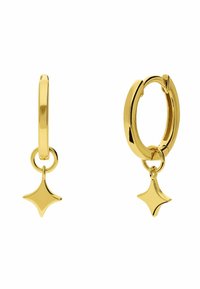 Boucles d'oreilles créoles en or avec une finition lisse et un pendentif en forme d'étoile suspendu. Le design comprend un mécanisme de fermoir simple et une forme circulaire.