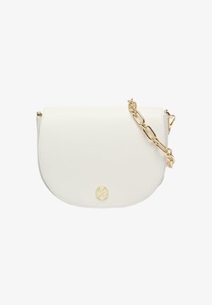 White leather crossbody bag with a rounded flap, gold hardware, and a chunky chain strap. Features embossed logo on the front.