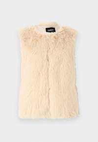 Gilet en fausse fourrure beige avec une surface texturée et lâche, sans manches et avec une ouverture sur le devant. Intérieur doublé, étiqueté avec une étiquette "ONLY".