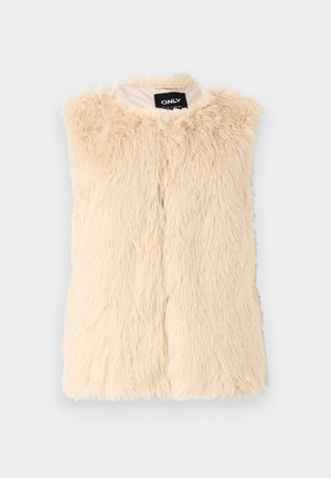 Beež faux fur vest, mille tekstuuriga pinna ja avatud esiosa. Ilma varrukateta disain, vooderdatud sisemus, tähistatud "ONLY" sildiga.