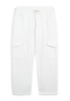 Pantalons cargo blancs avec une taille élastique, un cordon de serrage, deux poches latérales et deux poches à rabat sur les cuisses ; tissu lisse et léger.