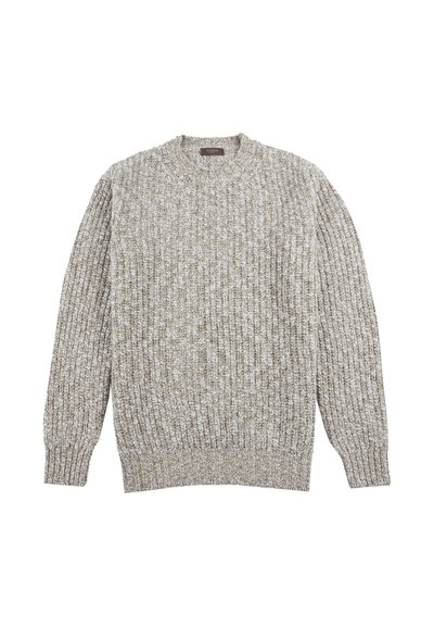 Hellgrauer Strickpullover mit Rundhalsausschnitt, gerippter Struktur und langen Ärmeln. Der Stoff wirkt weich und hat ein dezentes Muster.