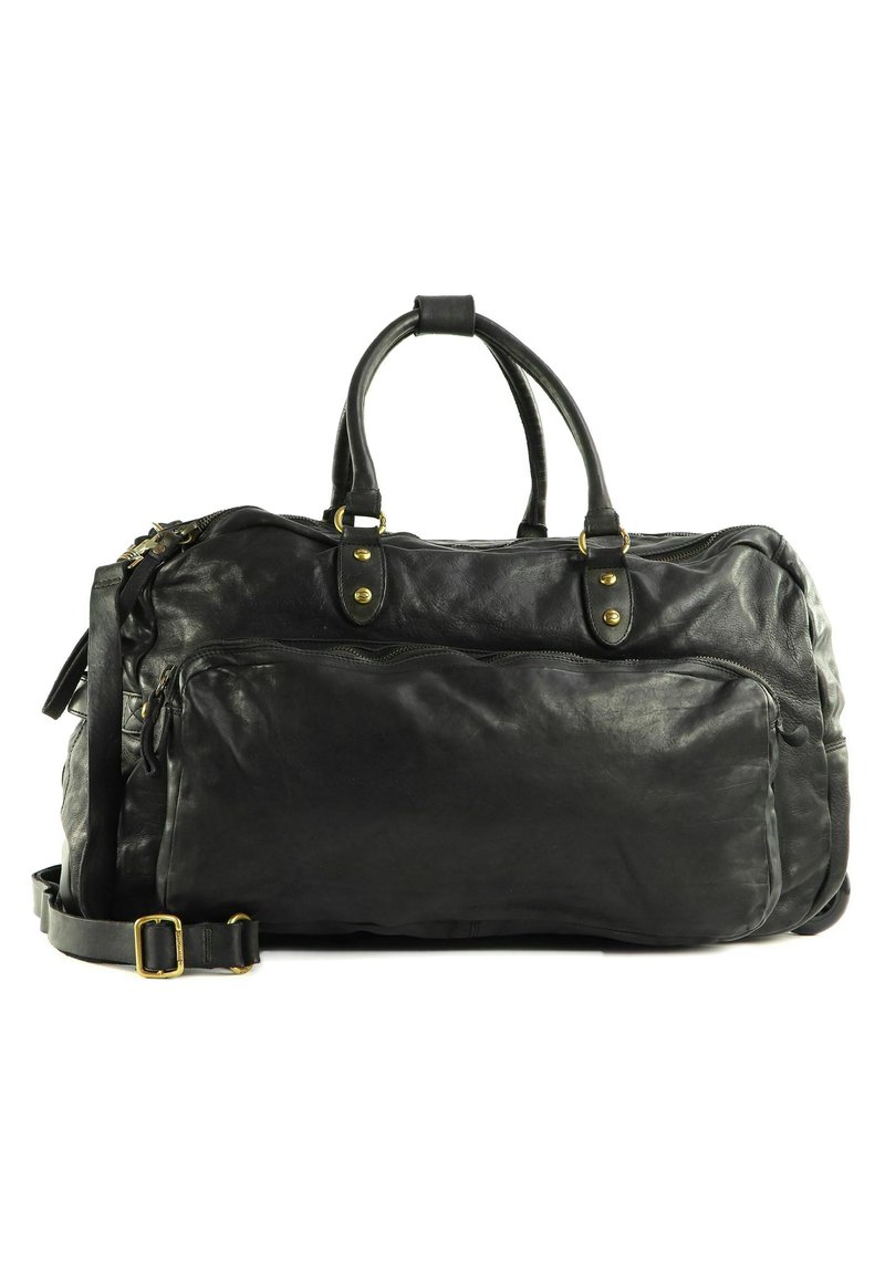 Borsa da viaggio in pelle nera con manici superiori doppi, tracolla regolabile, tasca frontale con zip e finiture in oro. Texture liscia.
