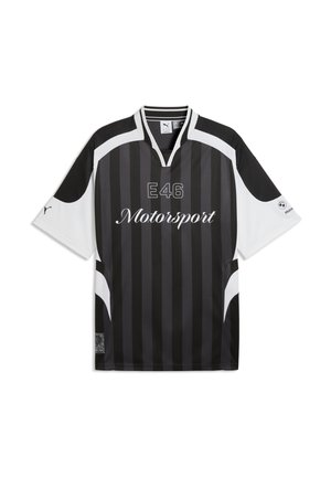 Maglia a maniche corte bianco e nero con strisce verticali, logo "E46 Motorsport", scollo a V e dettagli di colore contrastante sulle maniche.