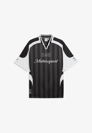 Czarno-biały krótki rękaw z pionowymi paskami, z logo "E46 Motorsport", dekoltem w serek i kontrastującymi akcentami na rękawach.