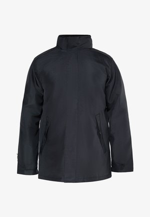 Giacca nera impermeabile con colletto alto, due tasche laterali e taglio dritto. Presenta una texture liscia e un materiale resistente.