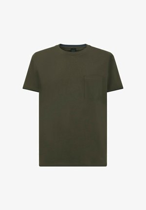 T-shirt in cotone verde oliva con scollo rotondo, maniche corte e taschino sul petto. Texture liscia e vestibilità rilassata.