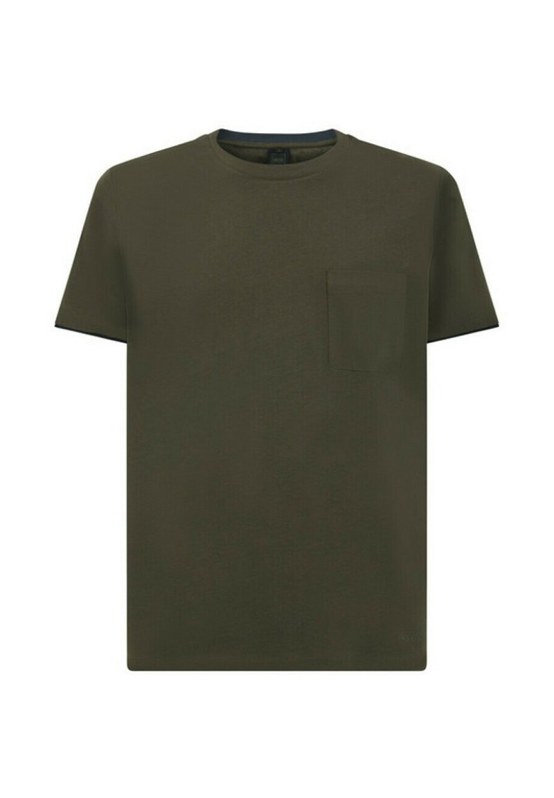 T-shirt in cotone verde oliva con scollo rotondo, maniche corte e taschino sul petto. Texture liscia e vestibilità rilassata.