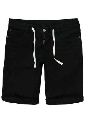 Sorte denim shorts med lynlås, to frontlommer, hvide snore og opsmøgede ben. Kobbernitter ved lommens kanter.