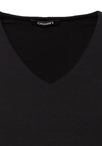 Zwarte V-hals T-shirt gemaakt van gladde, zachte stof. Eenvoudig ontwerp met een klassieke snit en een label gestikt binnen de halslijn.