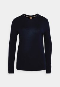 Granatowy sweter z długim rękawem i okrągłym dekoltem, z prążkowanym kołnierzem, mankietami i dolnym wykończeniem, zaprezentowany na białym tle.