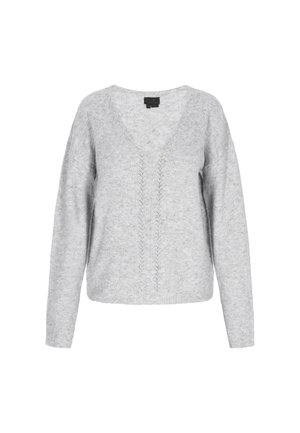 Hele halli kudum särg V-kaelusega, pikkade varrukatega ja tekstuurse mustriga. Pehme materjal ribatoodetud äärte ja varrukateotsadega. Lihtne ja mugav disain.