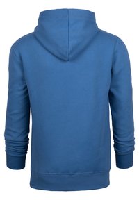 Blue hoodie with a drawstring hood, ribbed cuffs, and hem. Soft fabric, smooth texture, features a plain design without patterns or accents.