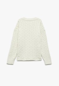 Off-white kabelbrei trui met lange mouwen, geribbelde manchetten en een ronde halslijn, weergegeven van de achterkant.