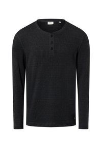 Long-sleeve black henley shirt in soft fabric with a rounded neckline, three-button placket, and subtle ribbed texture.