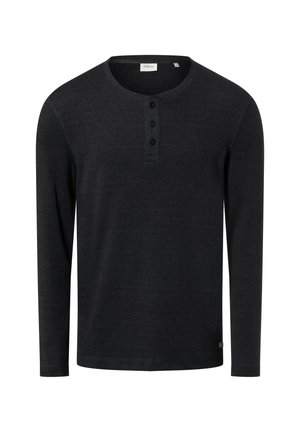 Long-sleeve black henley shirt in soft fabric with a rounded neckline, three-button placket, and subtle ribbed texture.