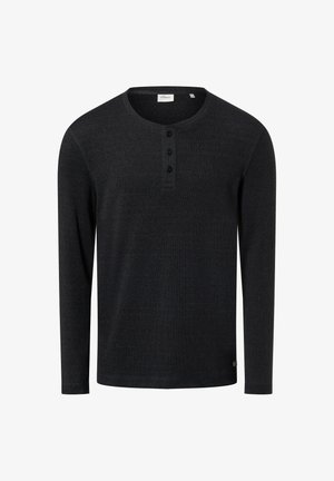 Long-sleeve black henley shirt in soft fabric with a rounded neckline, three-button placket, and subtle ribbed texture.