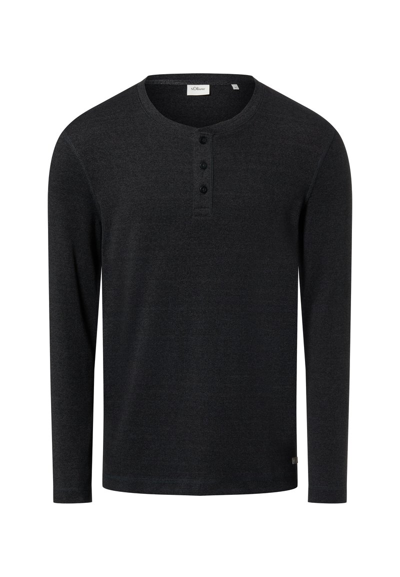 Long-sleeve black henley shirt in soft fabric with a rounded neckline, three-button placket, and subtle ribbed texture.