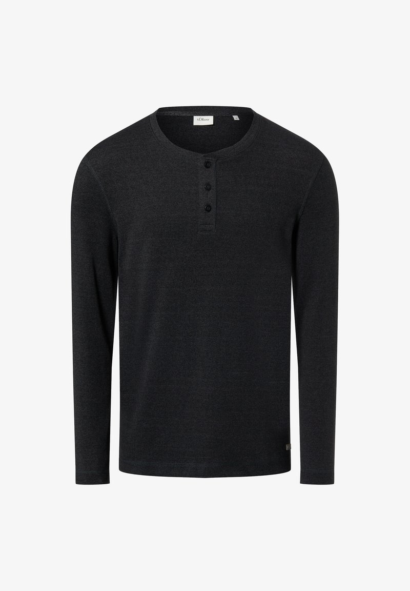 Long-sleeve black henley shirt in soft fabric with a rounded neckline, three-button placket, and subtle ribbed texture.
