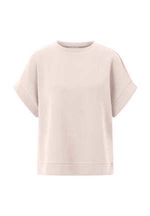 Camiseta de color beige claro, de manga corta y cuello redondo, con puños remangados y dobladillo recto sobre fondo blanco.