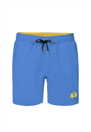Blauwe zwemshorts met gele voering, zwart aantrekkoord en geel paard met ruiter logo op het linkerbeen.