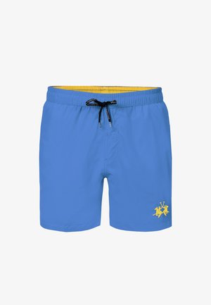 Blauwe zwemshorts met gele voering, zwart aantrekkoord en geel paard met ruiter logo op het linkerbeen.
