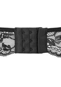 Garter belt in pizzo nero con fascia in tessuto liscio e chiusure a gancio. Presenta un delicato bordo in pizzo e una texture trasparente lungo i lati.