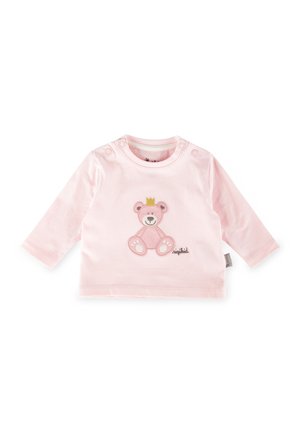 Rosa Langarmshirt aus weicher Baumwolle, mit einem bestickten Bären mit einer Krone auf der Vorderseite und Druckknöpfen an der Schulter.