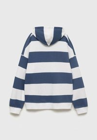 Felpa con cappuccio caratterizzata da righe orizzontali blu navy e bianche, in materiale di cotone, con polsini a costine e tasca a marsupio anteriore.