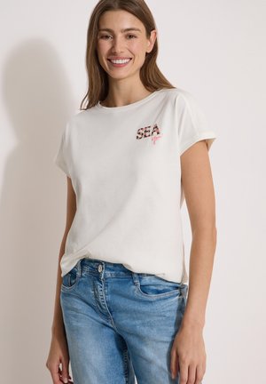 Cecil, T-SHIRT MIT RUNDHALS UND EMBROIDERY - T-shirt con stampa - vanilla white