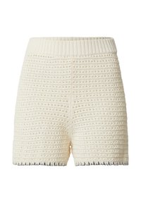 Crème kleurige gehaakte shorts met een geribbelde elastische tailleband, met gestructureerde patronen en een golvende zoom voor extra detail.