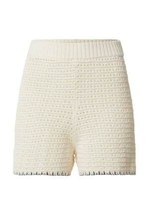 Cremfarbene Häkelshorts mit einem gerippten elastischen Taillenbund, die mit strukturierten Mustern und einem gewellten Saum verziert sind.