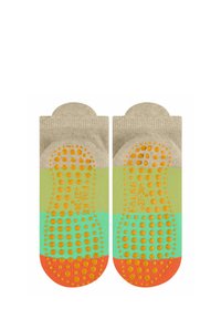 Chaussettes de cheville colorées avec un haut beige, des sections vertes et turquoise, des accents orange et des points en caoutchouc pour une meilleure adhérence sur les semelles.