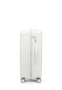 White hard-shell suitcase with a textured finish, single zipper, integrated combination lock, and four wheels for mobility.