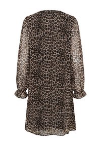 Rochie cu imprimeu leopard, cu mâneci lungi și transparente, cu volane la manșete și o croială lejeră. Confecționată dintr-un material ușor; predominant bej cu pete negre.