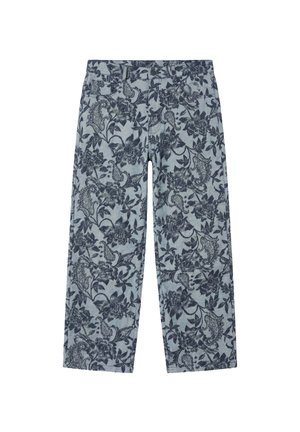 Pantalon large bleu clair avec motifs floraux et cachemire bleu foncé, poches avant et passants pour ceinture.