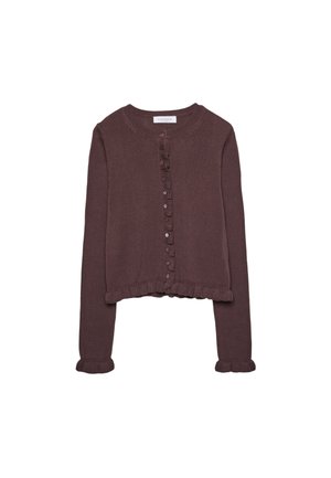 Cardigan en tricot court marron avec un col rond, fermeture à boutons sur le devant, détails froncés le long de la patte de boutonnage et poignets côtelés.