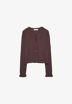 Braune cropped Strickjacke mit rundem Halsausschnitt, vorne mit Knöpfen zu schließen, mit Rüschendetails entlang der Knopfleiste und gerippten Bündchen.