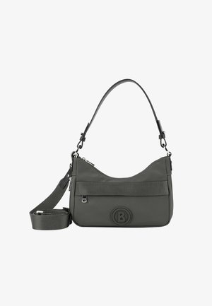 Dunkelgrüne Schultertasche aus strapazierfähigem Material. Verfügt über eine runde Form, einen strukturierten Riemen und ein kreisförmiges Logo auf der Vorderseite.