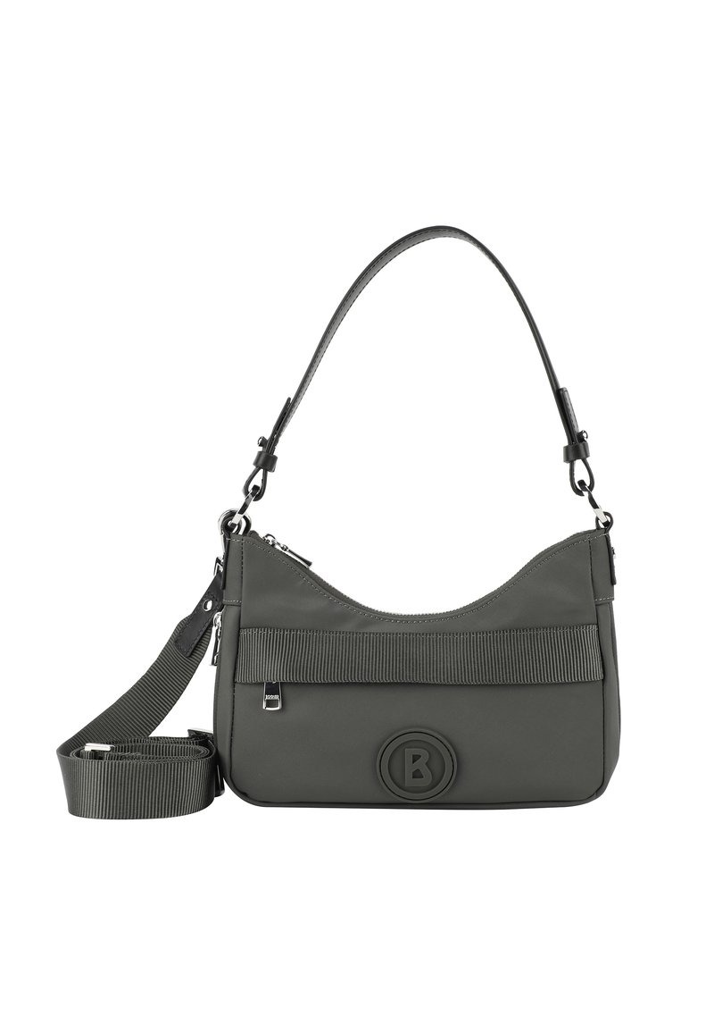 Borsa a spalla verde scuro realizzata in materiale durevole. Presenta una forma arrotondata, una tracolla testurizzata e un logo circolare sul davanti.
