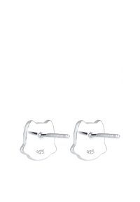 Sterling silver kat-formade studsmycken med en polerad yta, med en baksida av stift och graverad 925-stämpel för äkthet.