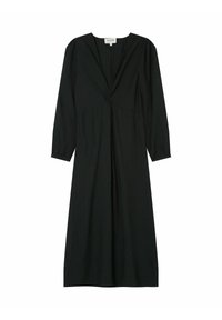 Robe noire à manches longues avec un décolleté en V et un détail torsadé au niveau de la poitrine. Silhouette fluide, tissu léger et poignets élastiques.