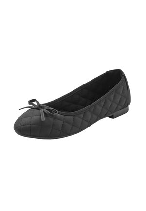 Schwarze, gesteppten Ballerinas mit runder Zehenform, die an der Vorderseite mit einer kleinen Schleife verziert sind und eine flache Gummisohle haben. Glatte Textur.