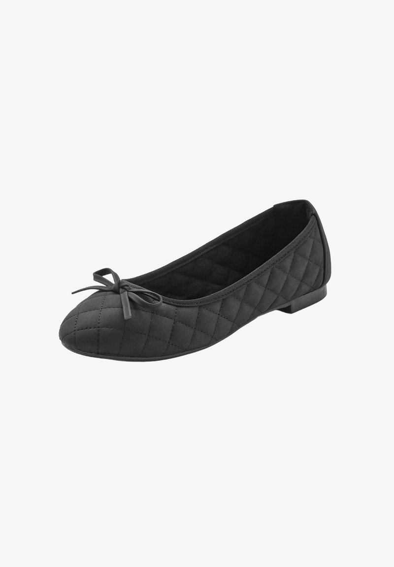 Schwarze, gesteppten Ballerinas mit runder Zehenform, die an der Vorderseite mit einer kleinen Schleife verziert sind und eine flache Gummisohle haben. Glatte Textur.