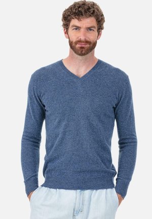 Blauer V-Ausschnitt-Pullover aus Strickstoff mit langen Ärmeln sowie gerippten Bündchen und Saum. Kombiniert mit hellen Hosen.