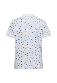 Weißes Polohemd mit einem blauen Herzmuster, kurzen Ärmeln und einem Kragen. Hergestellt aus weichem Stoff, bietet eine klassische Passform.