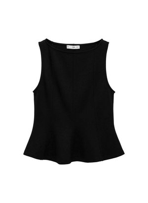 Top negru fără mâneci, cu decolteu rotund, tiv evazat, realizat dintr-un material fin, având detalii subtile de cusătură pe partea din față.