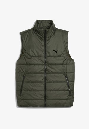 Maslinasto zeleni pufasti prsluk s visokom ovratnikom, zatvaračem sprijeda i dva bočna džepa; ima horizontalne šavove i crni logo na prsima.